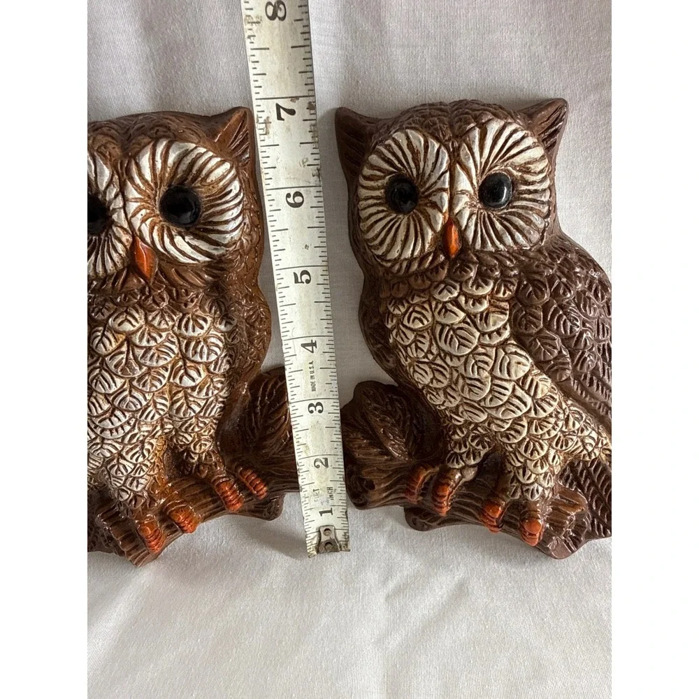 Vintage 1970s Owl Wall Plaques Pair Brown Faux Wood Textured Retro 7.5 Inch